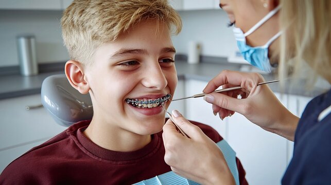 Professional orthodontist adjusting metal dental braces on a smiling teenage boy in a modern clinic for teeth straightening treatment