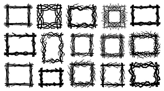 Collection of hand drawn gothic frames made of twisted tree branches and thorns