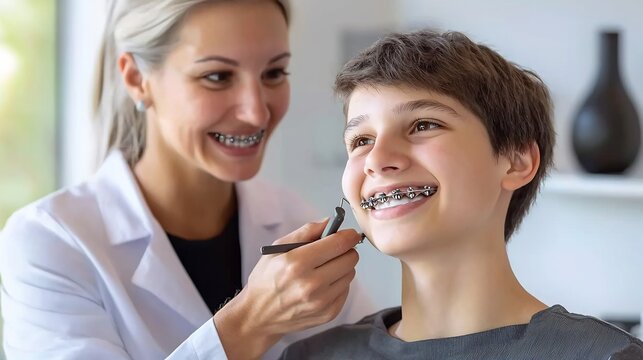 Friendly female orthodontist adjusting metal braces on a smiling young male patient in a modern dental clinic for teeth alignment and oral health