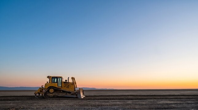 Minimalist industrial shot of yellow bulldozer under empty corporate twilight sky with copy space.