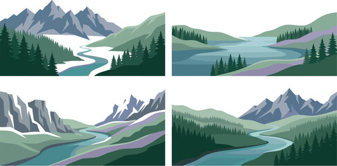 Flat Vector Mountain Landscape Collection with Rivers, Lakes, Forests, Alpine Peaks, and Scenic Nature Background Illustrations © MdShahin
