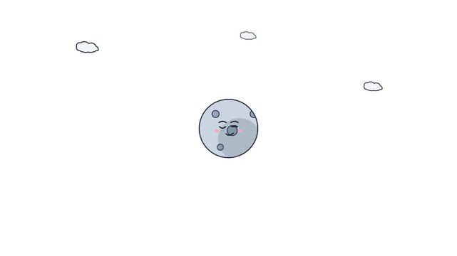 Smiling moon with cute facial features drifts through the sky in this charming hand drawn minimalist vector animation video clip.