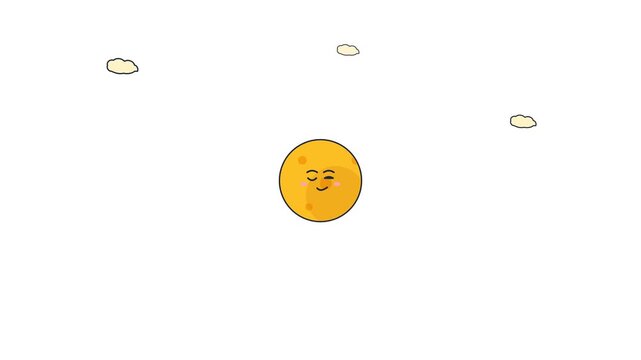 Smiling yellow sun character with blushing cheeks floats peacefully in the bright sky during this charming animated motion video clip