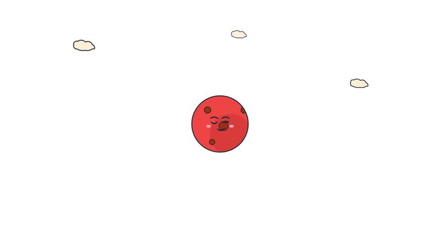 Red planet character with a happy winking face floating in the sky as a playful 2D digital animation video clip