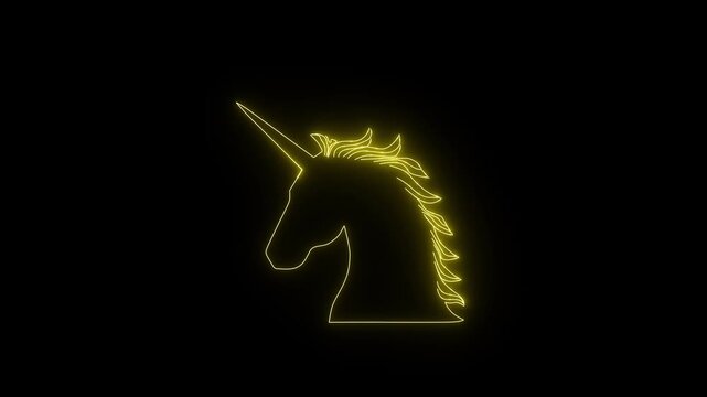 Glowing outline of a magical unicorn with pointed horn on a dark background, perfect for mythical creatures or fairytale themed designs.4k video.