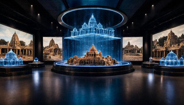 Futuristic museum exhibition featuring a glowing blue holographic model of an ancient temple surrounded by large digital screens and dark floors