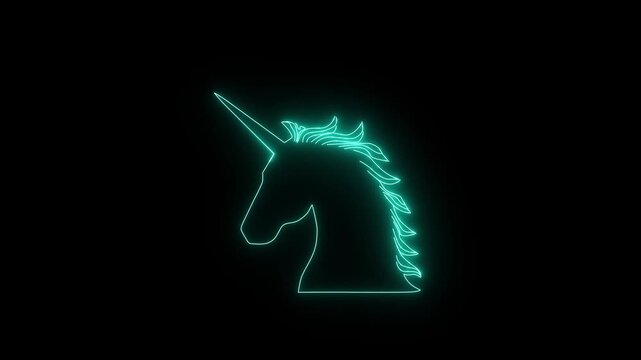 Glowing outline of a magical unicorn with pointed horn on a dark background, perfect for mythical creatures or fairytale themed designs.4k video.