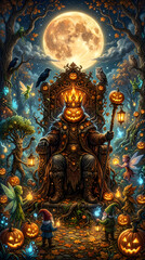 Fototapeta premium Halloween pumpkin king on throne enchanted forest fantasy with fairies and magical creatures