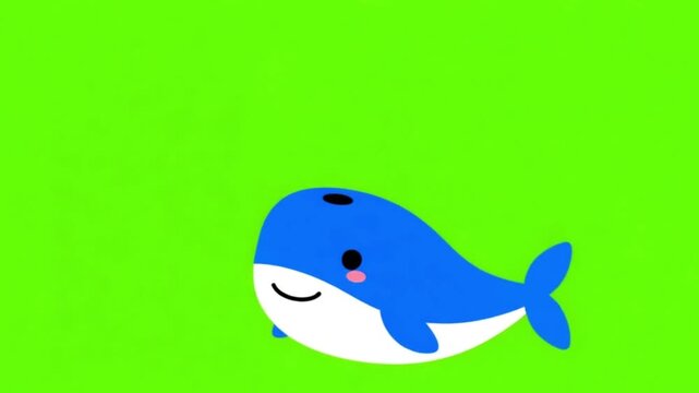 Cartoon vector whale spouting water splash animation on green screen