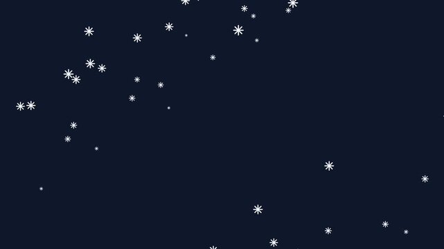 Minimalist white snowflake particles drift slowly against a deep dark navy blue void in this seamless digital motion video animation