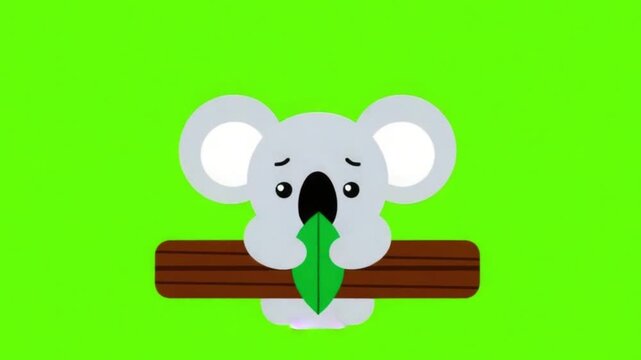 Cute Vector Koala Chewing Eucalyptus Leaf Animation on Green Screen
