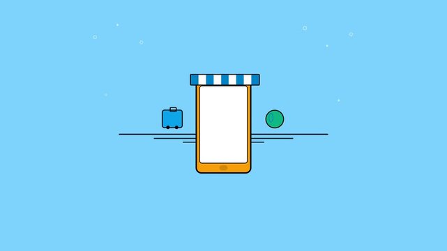Smartphone digital storefront application icon featuring a striped awning and minimalist travel accessories in this smooth flat motion animation clip