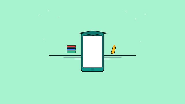 Smartphone with a graduation cap icon displayed as a minimalist flat vector animation for modern educational mobile video projects