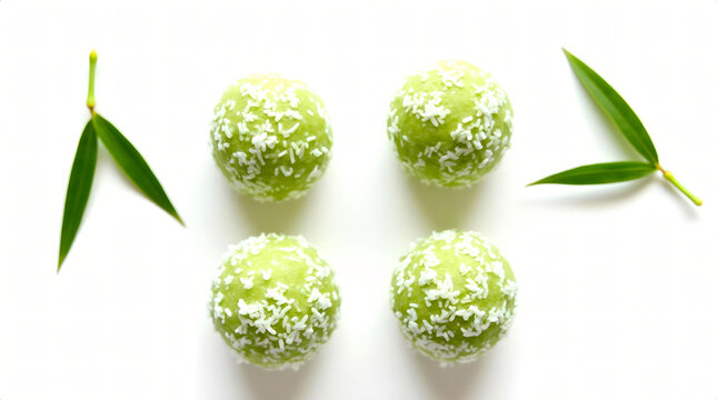 fresh green macaron cakes in row on white background