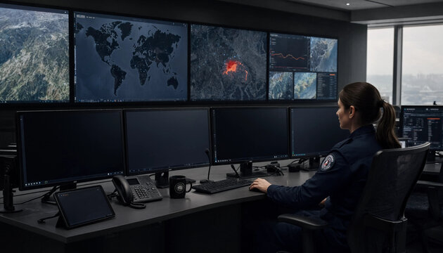 Security operator monitoring globe and data analytics on multiple screens in modern dark command center with high tech security operator monitoring analytics surveillance technology