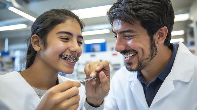Friendly male orthodontist showing dental tool to teenage girl patient with metal braces in modern dental clinic office