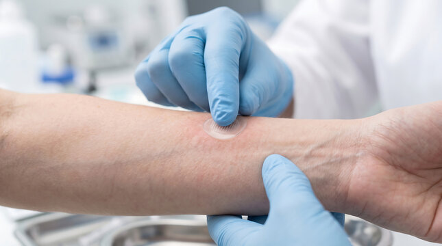 Doctor examining skin test bump on patient forearm with gloved hands