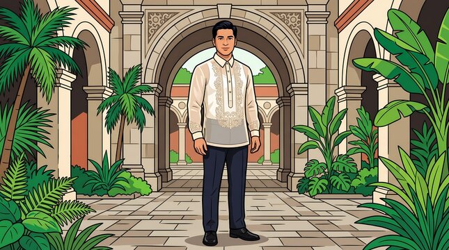 Barong Tagalog Man Wearing Traditional Filipino Formal Attire in an Elegant Tropical Stone Courtyard