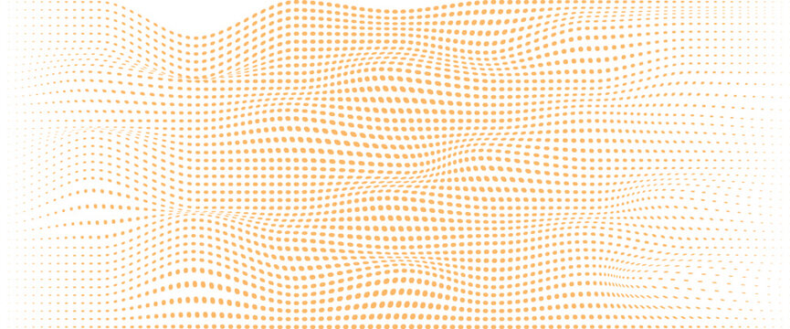Abstract background, of light orange, halftone dots arranged, in a wavy, undulating grid pattern, on a white surface