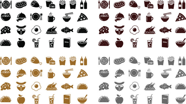 Food and drink vector icon set featuring restaurant meals and kitchen staples restaurant breakfast beverage culinary appetite nutrition hospitality ingredients collection