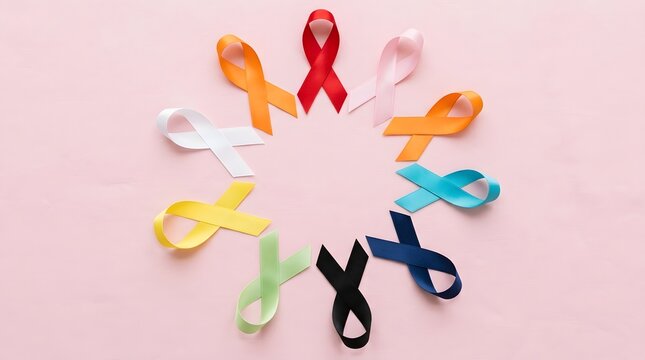 Colorful awareness ribbons arranged in a circle on a pastel pink background