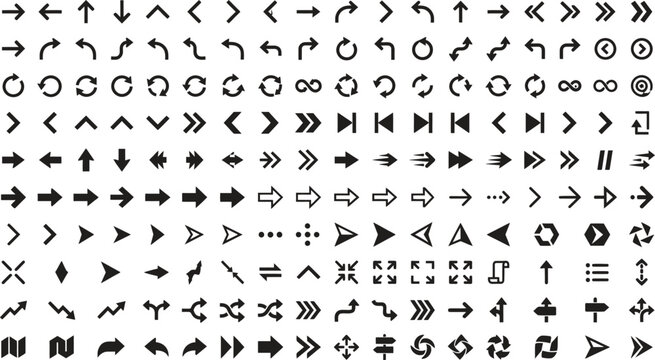 Collection of black arrow symbols and geometric shapes isolated on transparent background