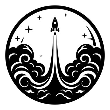 Space rocket launching into orbit black and white graphic with blastoff exploration technology astronomy universe propulsion illustration monochrome silhouette adventure engineering
