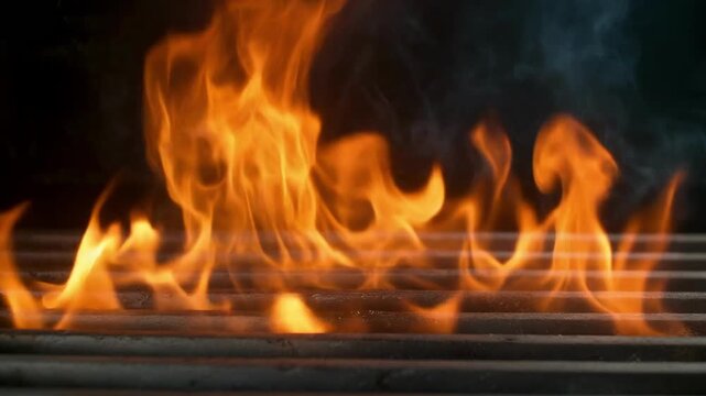 Dynamic fire flames dancing over a metal grill in darkness with subtle smoke wisps