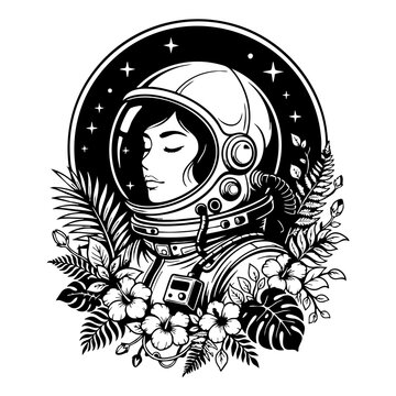 Woman astronaut in vintage space suit with exotic tropical flora sci fi astronaut astronomy exploration botanical tropical hibiscus illustration universe portrait monochrome astrophysics