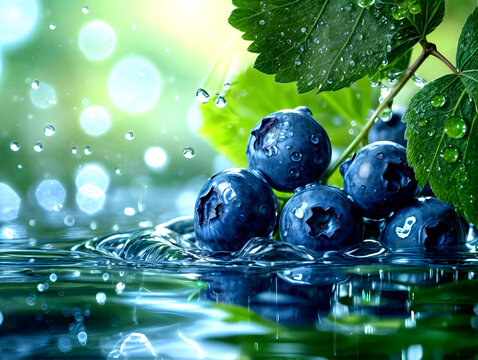 fresh ripe blueberry berries in clear clean water with dew drops