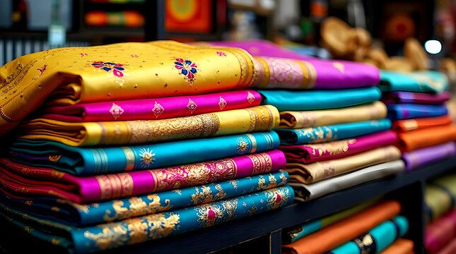 bright indian silk sarees with gold embroidery displayed in shop