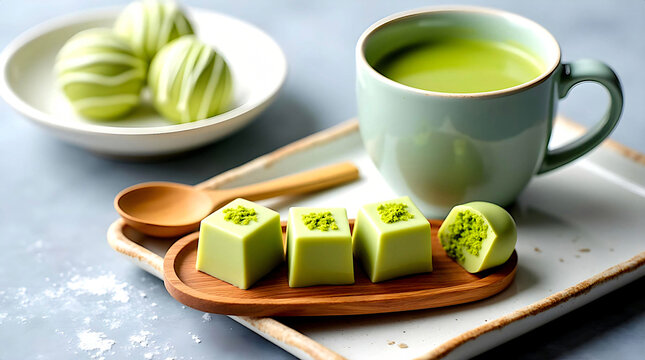 green matcha tea in cup and exquisite desserts on wooden board