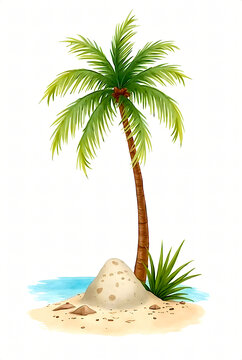 lonely tropical palm tree on a sandy island by blue sea on white background