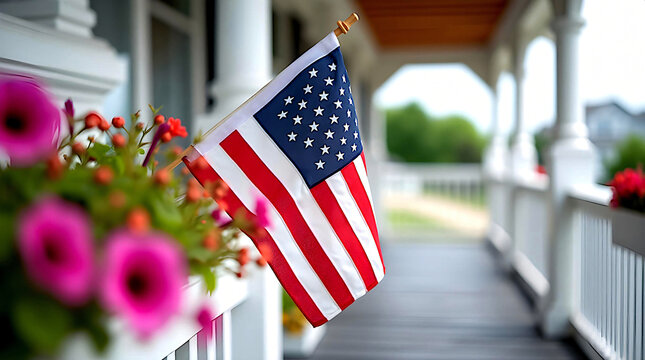 american flag on the porch of a residential house surrounded by bright petunias