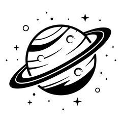 Stylized saturn planet icon with ring and stars graphic astronomy universe exploration astrophysics celestial illustration silhouette minimalist spacecraft scientific astronomical orbiting © AsmArif