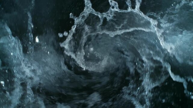 Dynamic water vortex with turbulent splashes captured in cinematic motion during twilight with dramatic contrast