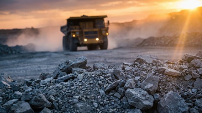 Large mining dump truck driving on a rocky quarry road at sunset