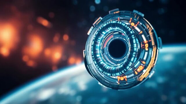 A futuristic sci-fi space portal or starship engine interface hovering above Earth, high-tech metallic mechanical structure with glowing blue lights, cinematic 3D animation