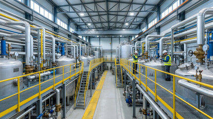 Fototapeta premium Industrial factory interior with large machinery and pipes in production plant