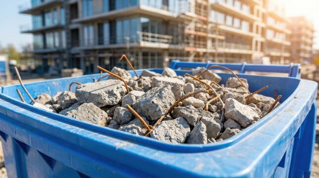 Blue construction dumpster filled with concrete rubble and metal rebar