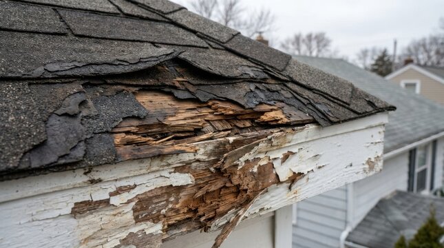 Severe roof damage with rotting wood and peeling paint