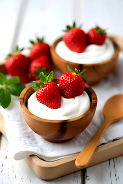 thick white yogurt with fresh ripe strawberries in wooden bowl on table