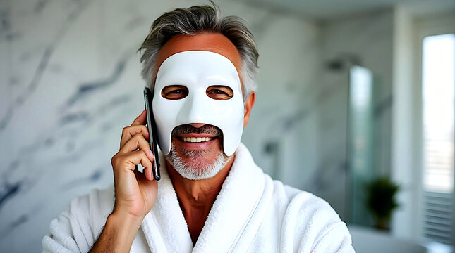 mature man with white face mask talking on the phone