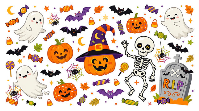 Halloween pattern collection with ghosts pumpkins and bats halloween skeleton