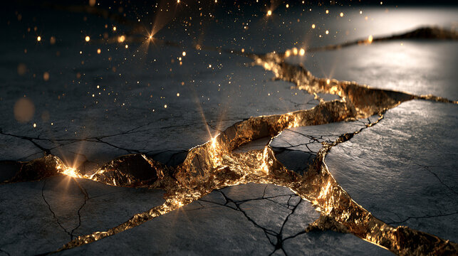Abstract Kintsugi Background of Dark Ceramic with Glowing Gold Cracks