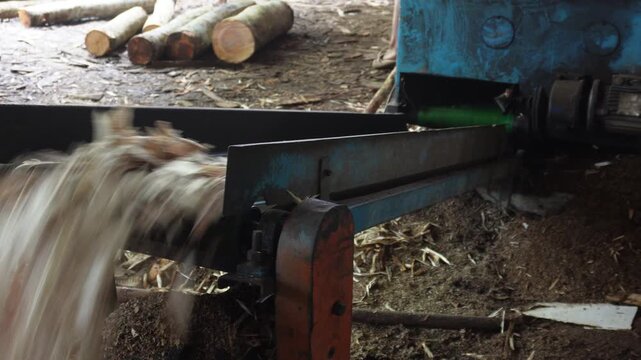 Industrial wood chipper processing logs with powerful action