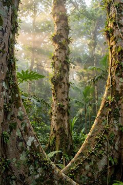 Ancient kapok tree with massive buttress roots illuminated by soft sunrise light deep inside the untouched Amazon rainforest.