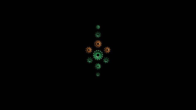 Glowing mechanical gear cluster rotates in a rhythmic motion within this dark abstract digital animation video for modern tech projects.