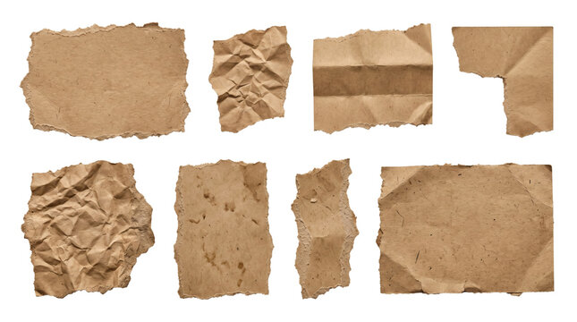 Collection of torn and crumpled brown kraft paper pieces