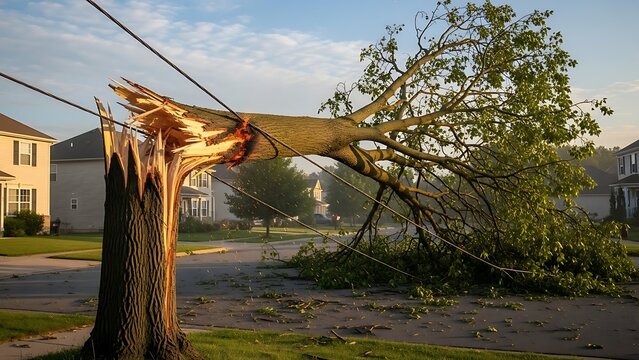 Fallen Tree Crashing into Power Lines After Severe Storm in Residential Neighborhood